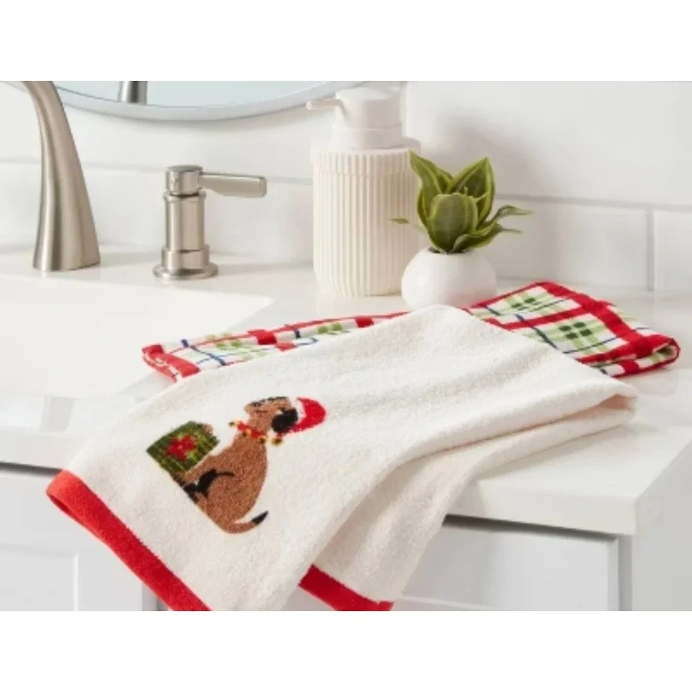 Threshold Christmas Puppy Dog and Plaid Cotton Hand Towel Set 2 Pack Red Green
